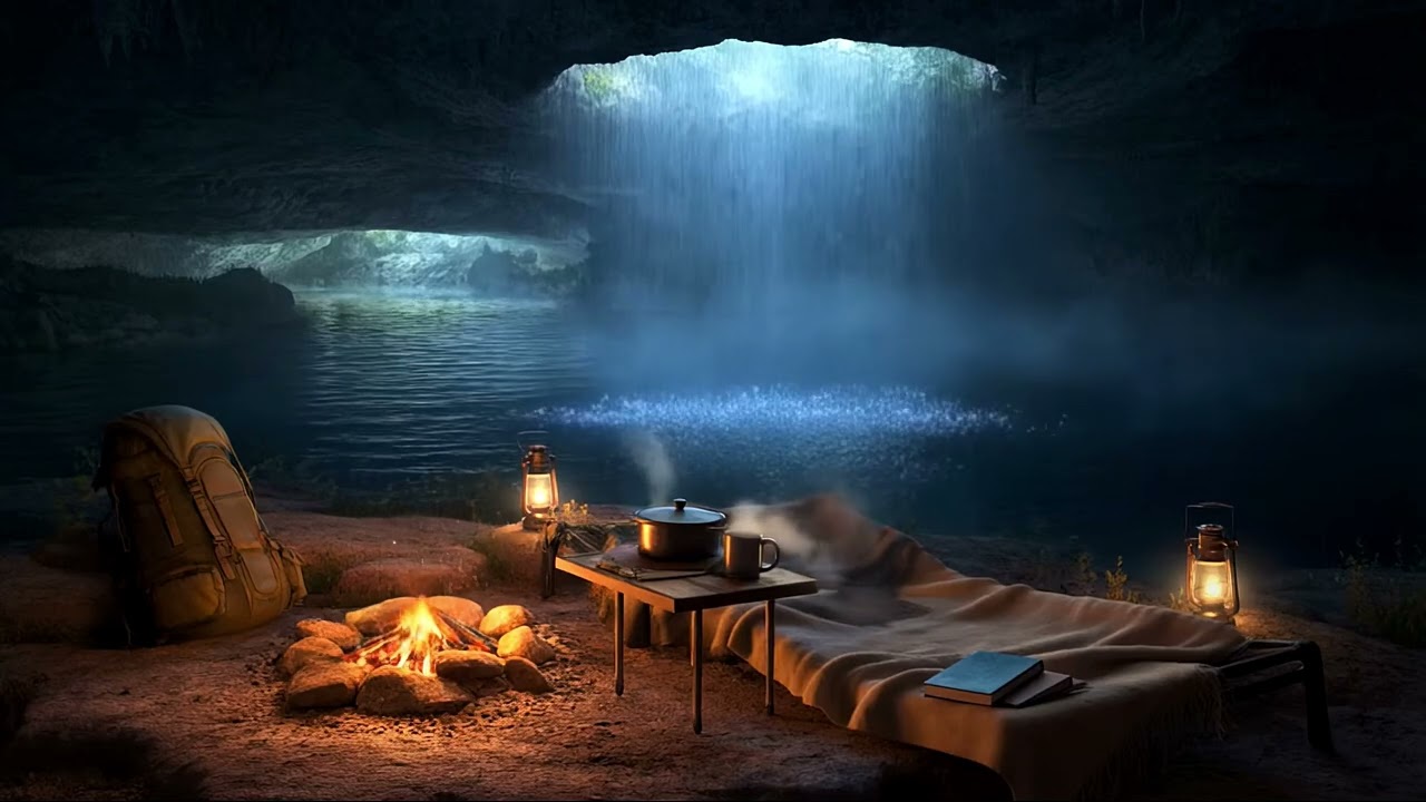 The Most Beautiful Relaxing Rain Sound inside Underground Cave Lake Ambience for Sleep & Deep Focus