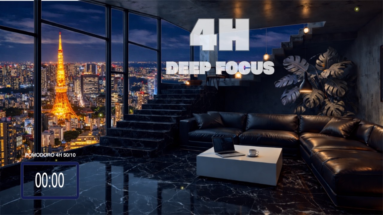 4H Deep Focus Pomodoro | 50/10 Study Timer | Tokyo Night Skyline