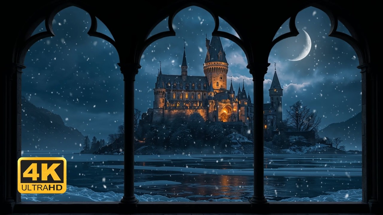 ❄️ Winter Island Castle – Snowfall & Crescent Moon Window Ambience