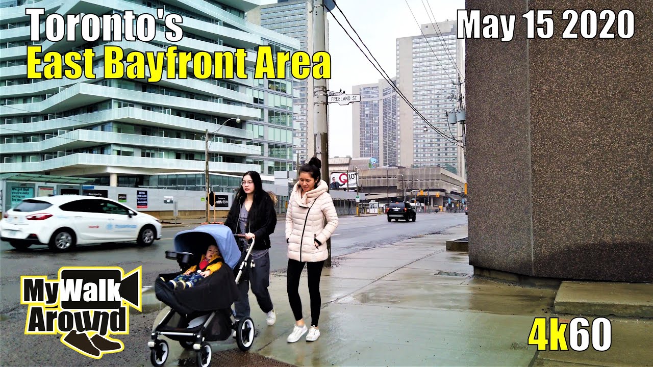 Walking tour in East Bayfront neighbourhood during a gloomy, cloudy, rainy day (Toronto 4k video)