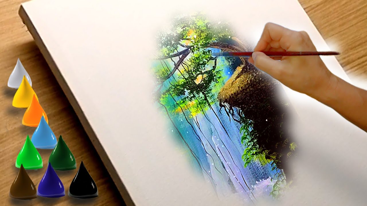 Idea to Paint a Glowing Waterfall/ Acrylic Painting Landscape step by step for beginners