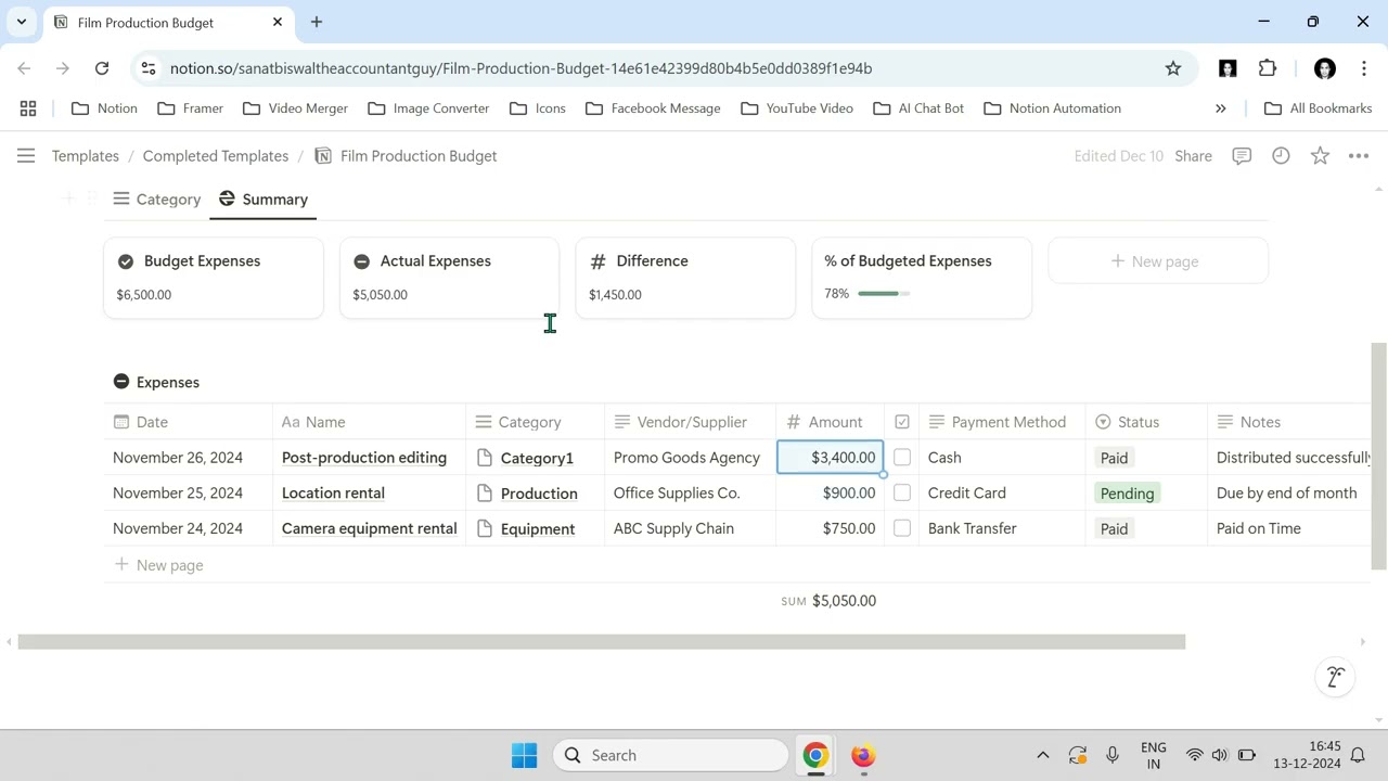 Film Production Budget | How to use @Notion to keep track of film production budget expenses