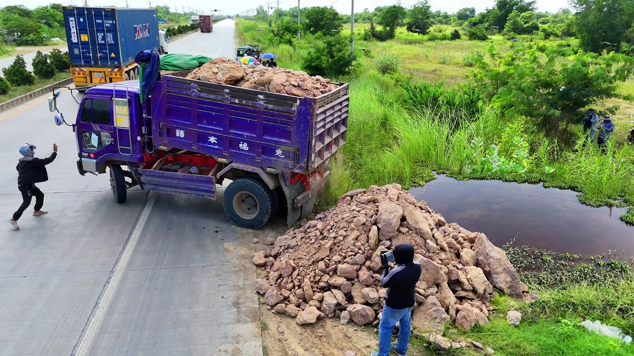 Be Mindful Landfill Process Today! Dump Truck Filling soil & KOMATSU Bulldozer Spreading it Smoothly