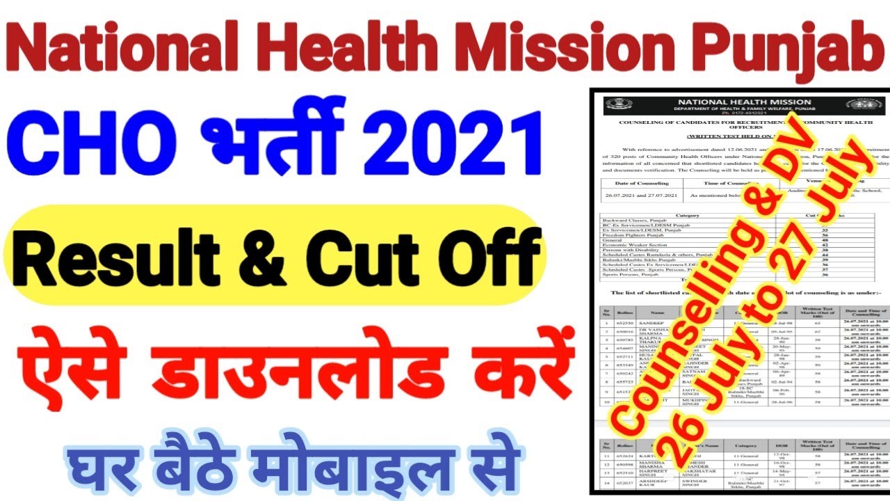 NHM Punjab Community Health Officer Result 2021|| NHM Punjab  CHO Exam Result & Cut Off Marks 2021