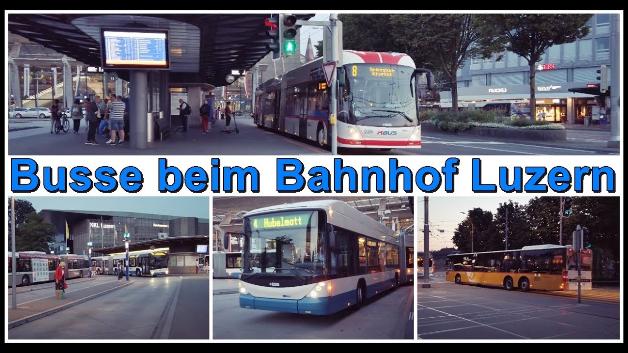 Grosse Bus-Haltestelle / Busse beim Bahnhof Luzern, Kanton Luzern, Schweiz 2021