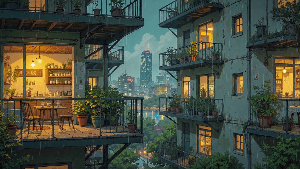 Rainy Night Between Cozy City Balconies 🌧️ Warm Café Lights & Skyline View | Lofi Chill for Study
