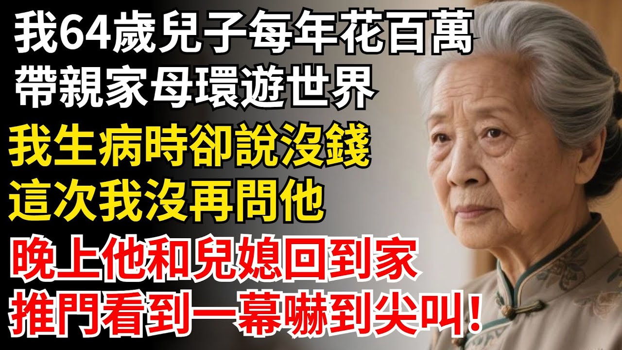 我64歲，兒子每年花百萬，帶親家母環遊世界，我生病時卻說沒錢，這次我沒再問他，晚上他和兒媳回到家，推門看到一幕嚇到尖叫！#晚年生活#中老年生活#為人處世#生活經驗#情感故事#幸福人生