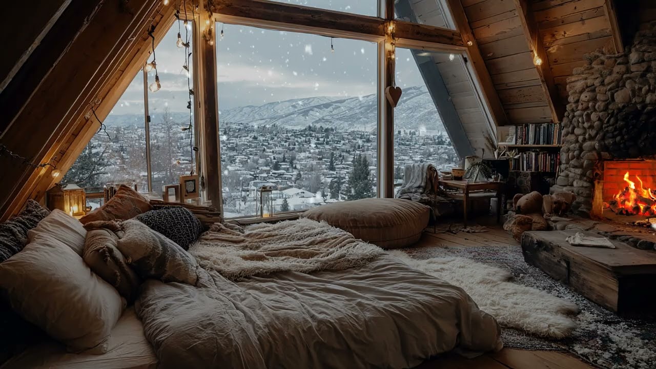 Winter Night Ambience ASMR: Snowfall, Warm Candlelight & Soothing Wind-Fire Sounds for Sleep