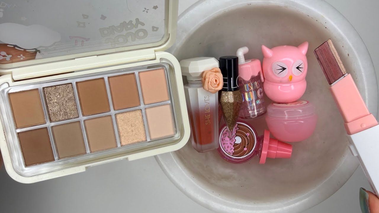 Coloring Slime with Cute🦉🌸🥤🍯Pink🩷Brown🤎Lipstick💄Lip Balm & Eyeshadow! ASMR & Satisfying Makeup Slime