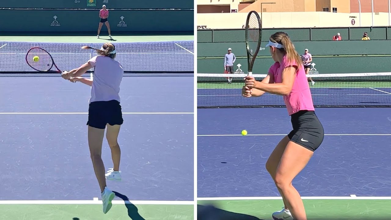 Elena Rybakina v. Paula Badosa - 2023 IW Court Level Practice [4k 60fps]