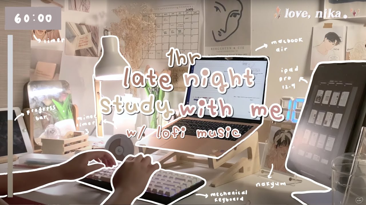 1 HOUR real time late night study with me #4 (lofi music) 🌙 mechanical keyboard, bg noise