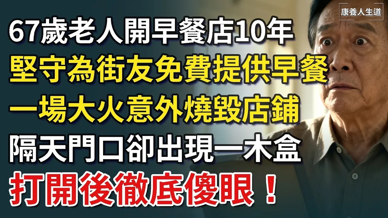 67歲老人開早餐店10年，堅守為街友免費提供早餐，一場大火意外燒毀店鋪，隔天門口卻出現一木盒，打開後徹底傻眼！【康養人生道】 #康養人生道 #上了年紀該明白的事 #養老 #聰明老人 #長壽秘密