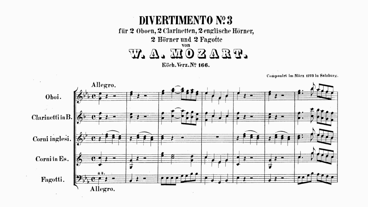 Mozart: Divertimento No. 3 in E-flat major, K. 166/159d (with Score)