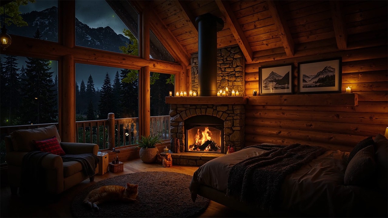 Cozy Cabin Ambience Music | Springtime Calm with Cozy Fire Sounds and Relaxing Piano Melodies