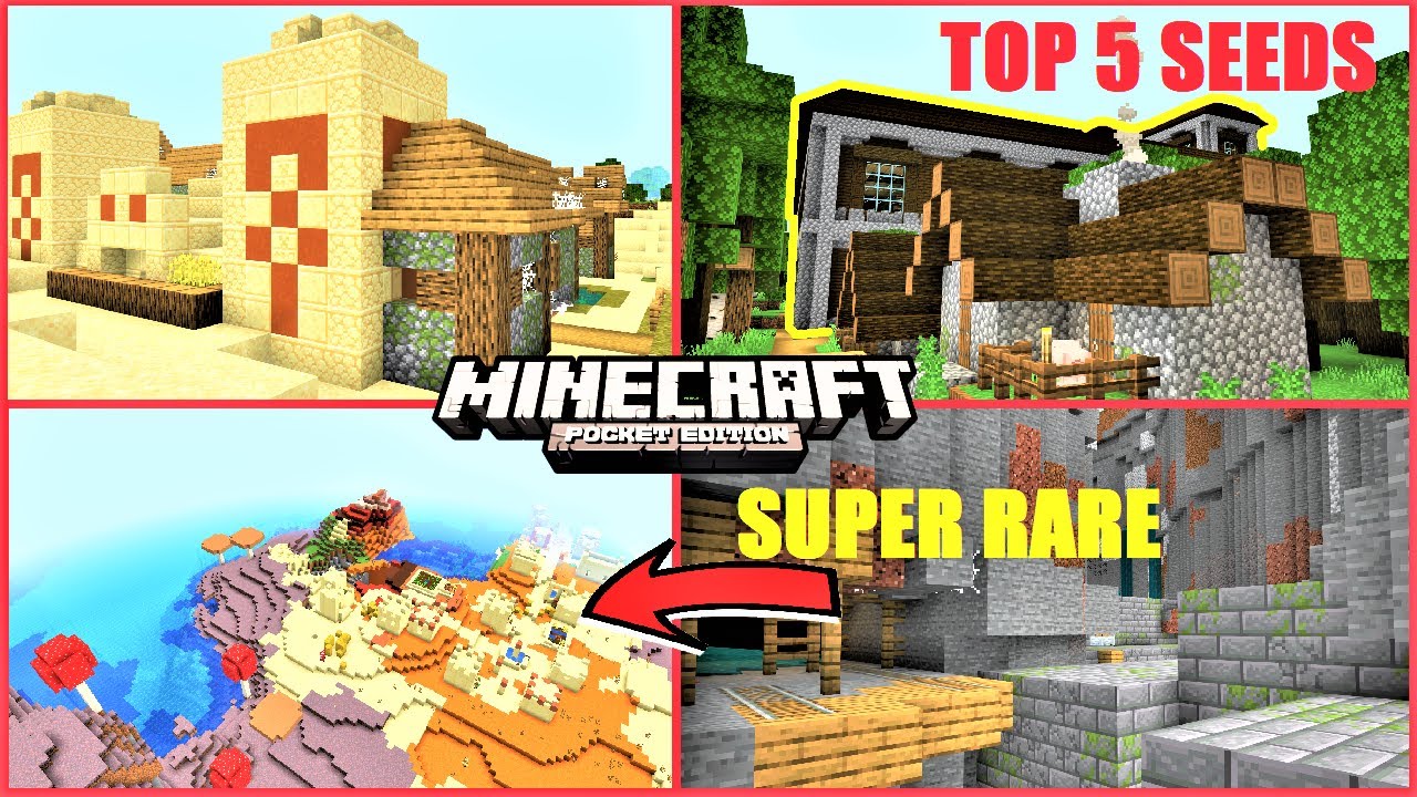 Top 5 BEST Minecraft PE Seeds #9 - Stronghold at spawn, Mesa Village IN Mushroom Biome ! MCPE 1.14