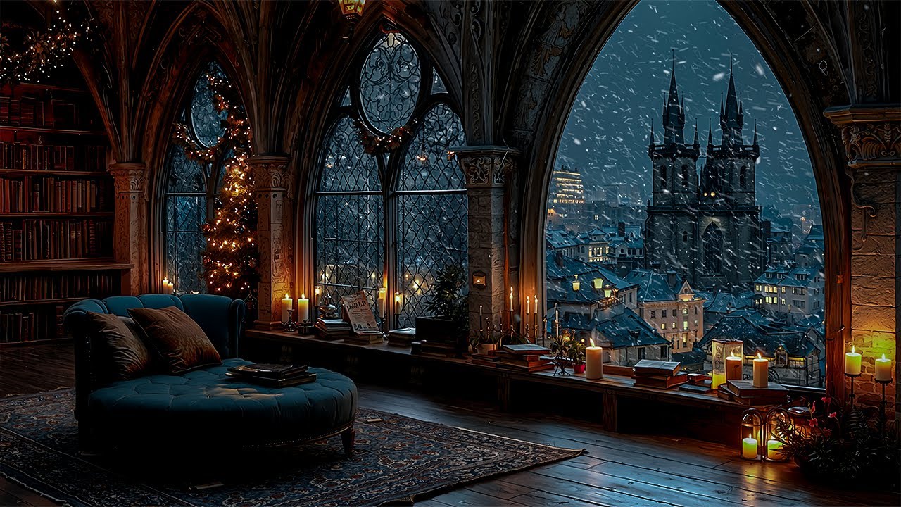 Cozy Reading Nook Overlooking Prague at Night | Winter Gothic Library| Classical Dark Academia Music