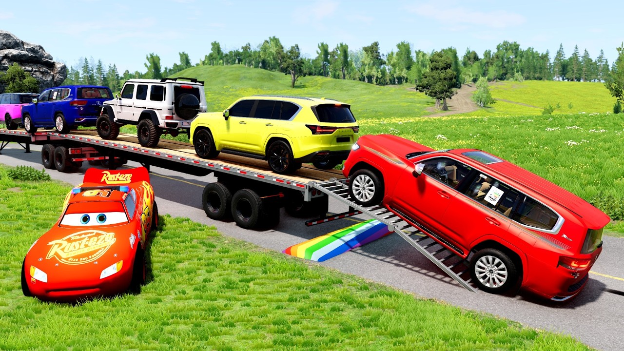Flatbed Truck McQueen | Transportation with Truck - Pothole vs Car #32 | BeamNG.Drive Gameplay