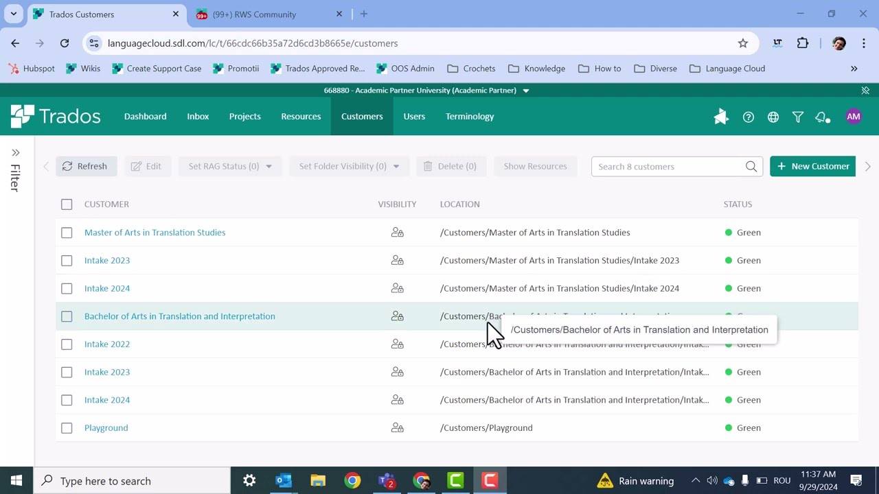 Create a Customer in Trados Team