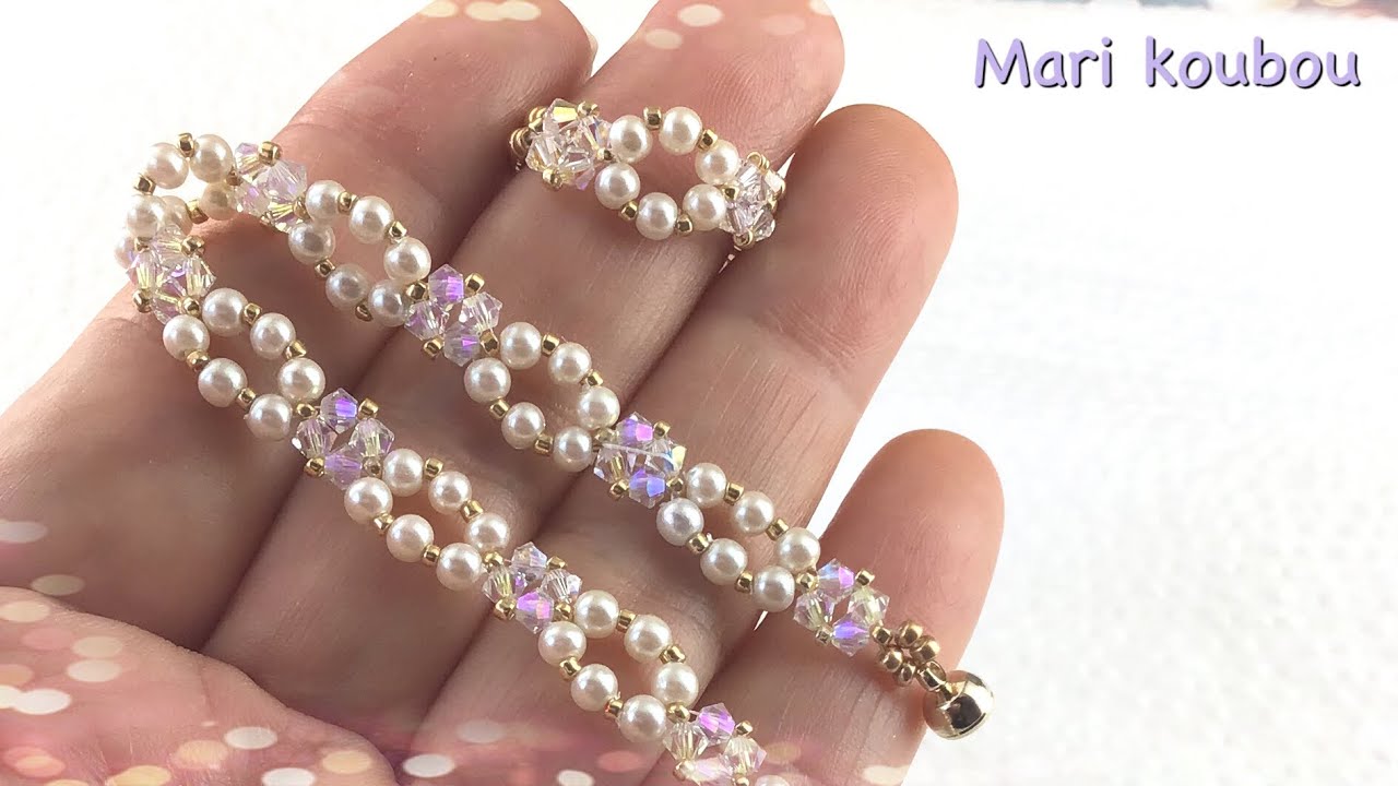 ② 3mmのパールとスワロフスキービーズで作るブレスレット/Bracelet made of 3mm pearls and bicone beads