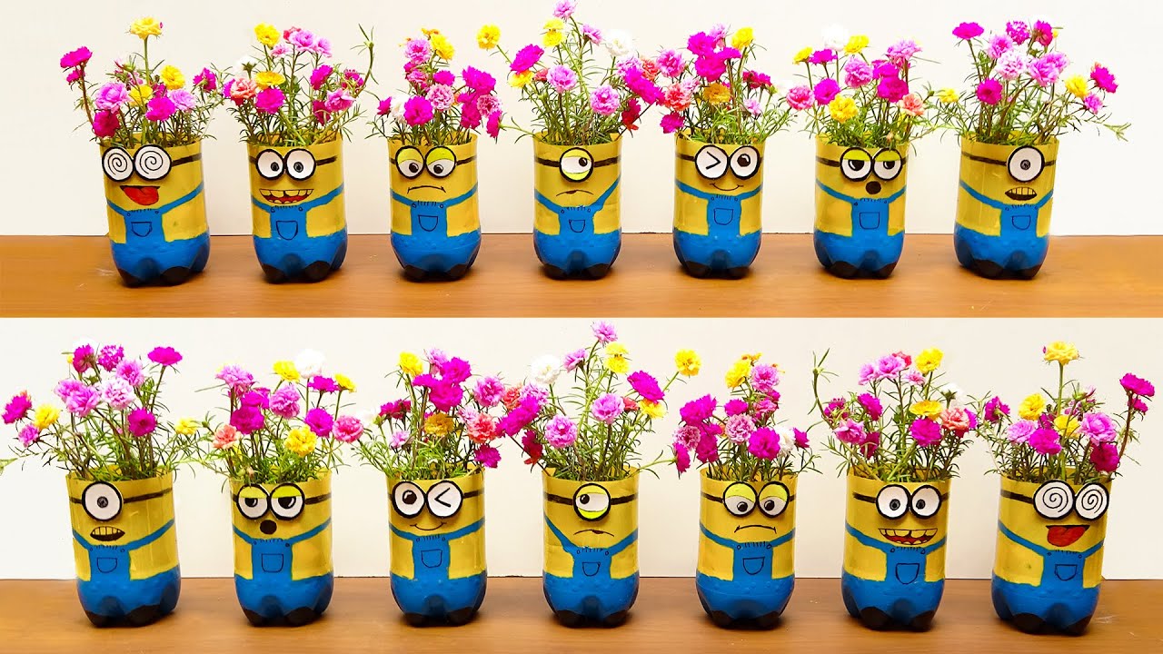 Recycle Plastic Bottles into Beautiful Minions Flower Pots For Your Old Wall | Portulaca Garden