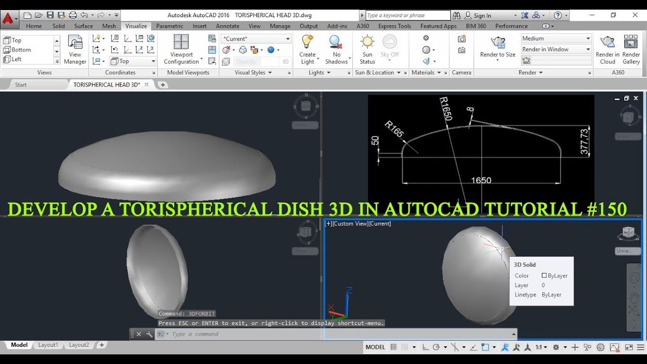 HOW TO DEVELOP A TORISPHERICAL DISH 3D BY USING AUTO CAD TUTORIAL #150