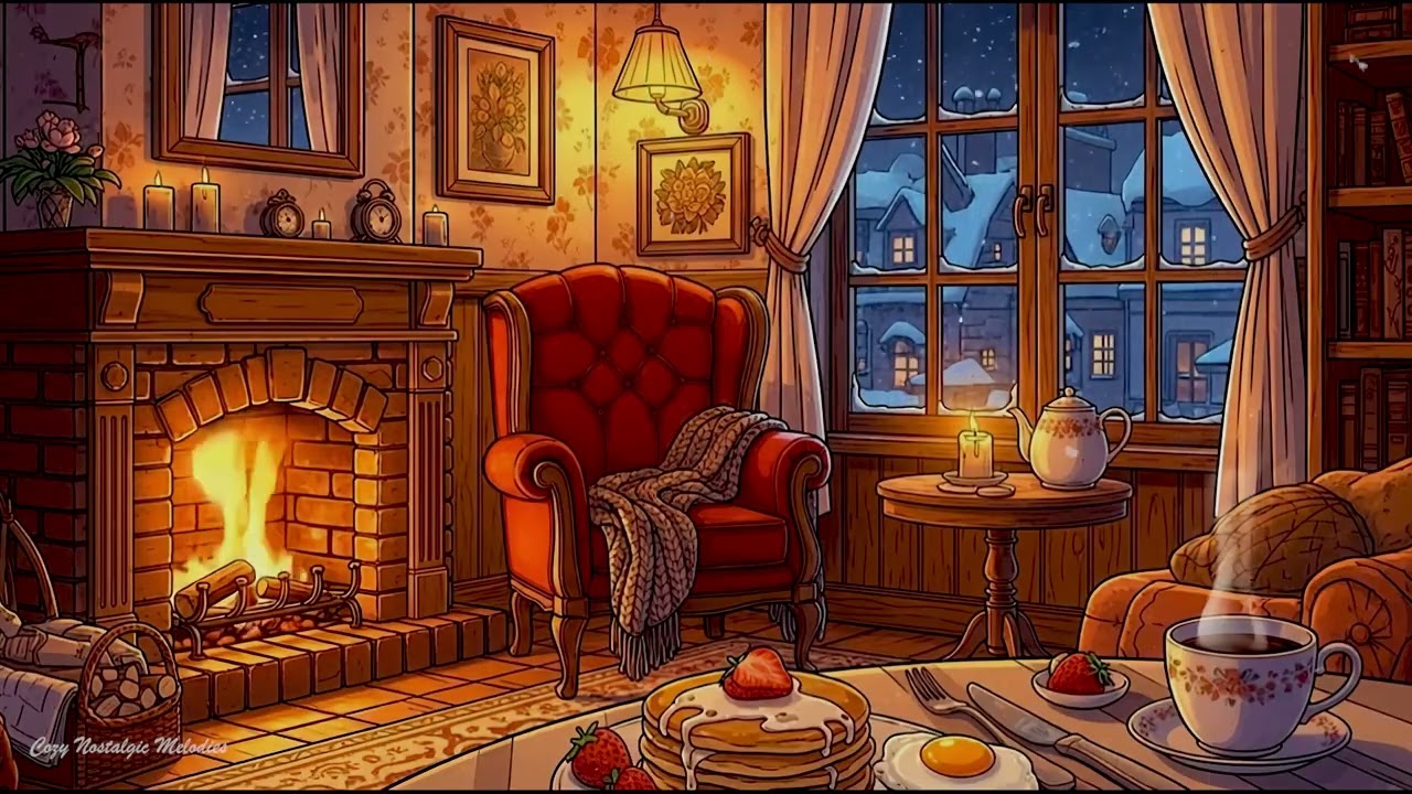 it's snowy cozy night in 1940's with vintage oldies playing in another room (fireplace sounds)