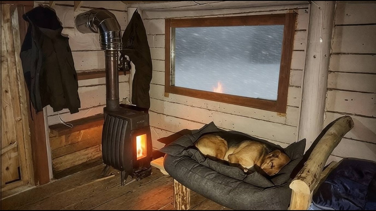 Man and Dog Stay Overnight in a Forest Cabin - Then a Snowstorm Begins