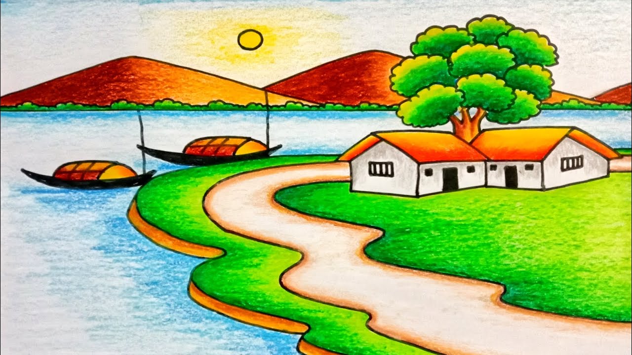 How to draw easy scenery | drawing beautiful landscape village scenery step by step
