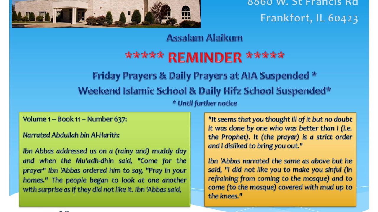AIA Friday Prayer Suspension Announcement with Audio Adhan 032720
