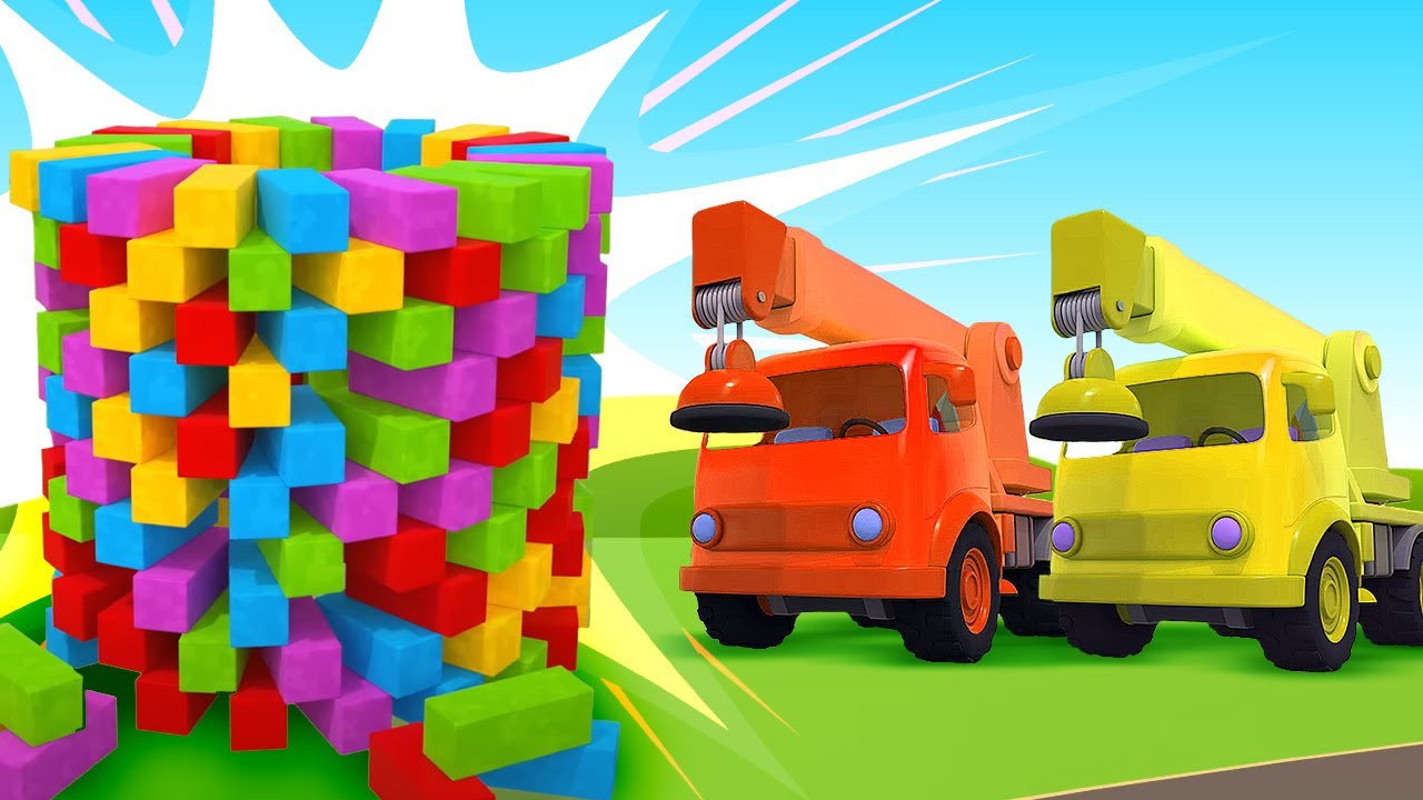 The colored crane trucks build the blocks tower. Helper cars full episodes of car cartoons for kids.