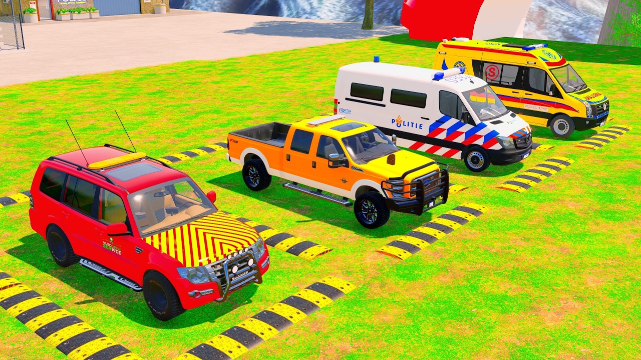 TRANSPORTING POLICE CARS, AMBULANCE, FIRE TRUCK, COLORFUL CARS WITH MAN TRUCK - FS 22!