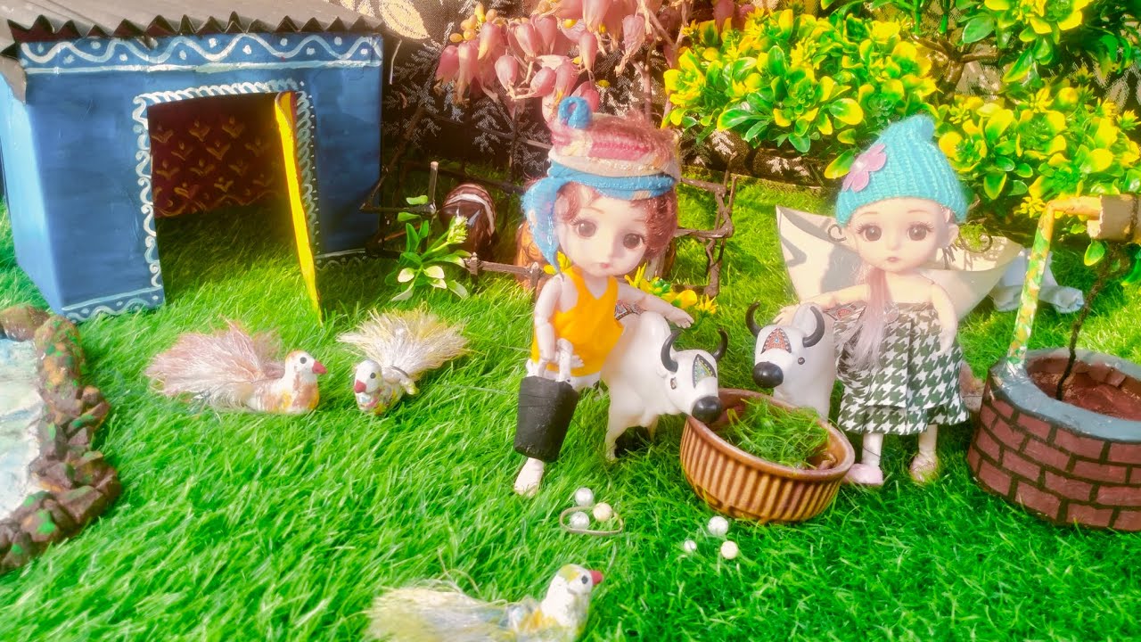 Mini village life video, dolls and cows, birds 👍🎥🙏🫵🫶🤗❤️👌🤝🌾🏞️🐄🐄🕊️🐔🐓