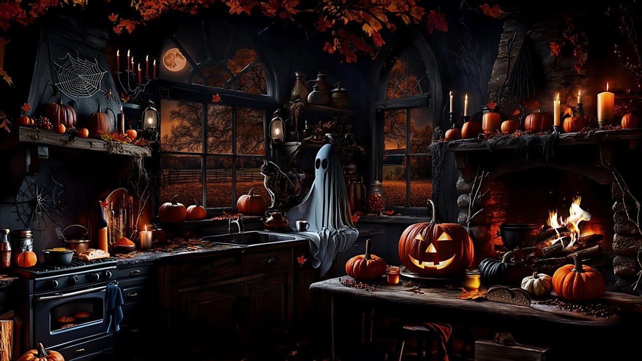 RAVEN MANOR HAUNTED HALLOWEEN KITCHEN-SPOOKY TREATS-CRACKLING FIREPLACE-GHOSTLY FRIEND-FALL LEAVES