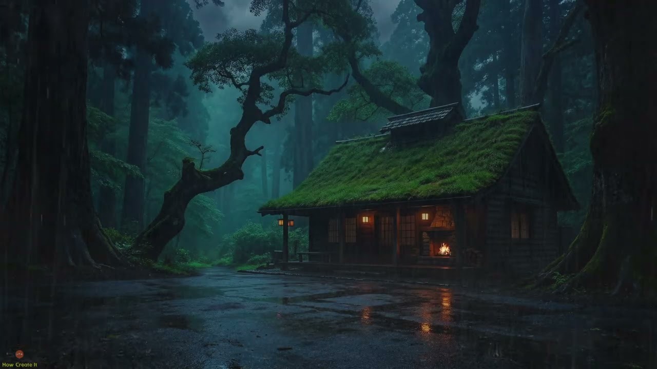 Heavy Rain Sound In Japanese Forest House With Fireplace And Misty Blue Night Calm - 2