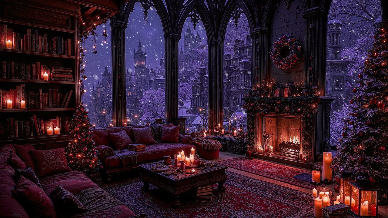 Cozy Gothic Winter Room Ambience | Christmas Night Under Warm Fireplace | Dark Academia Piano Music