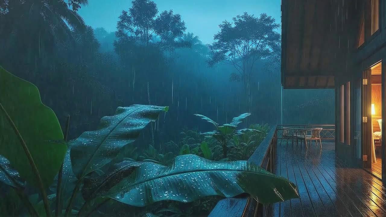 Deep Sleep Tonight with Warm Rain Sounds and Soft Thunder Murmur at Cabin Terrace 🌧️