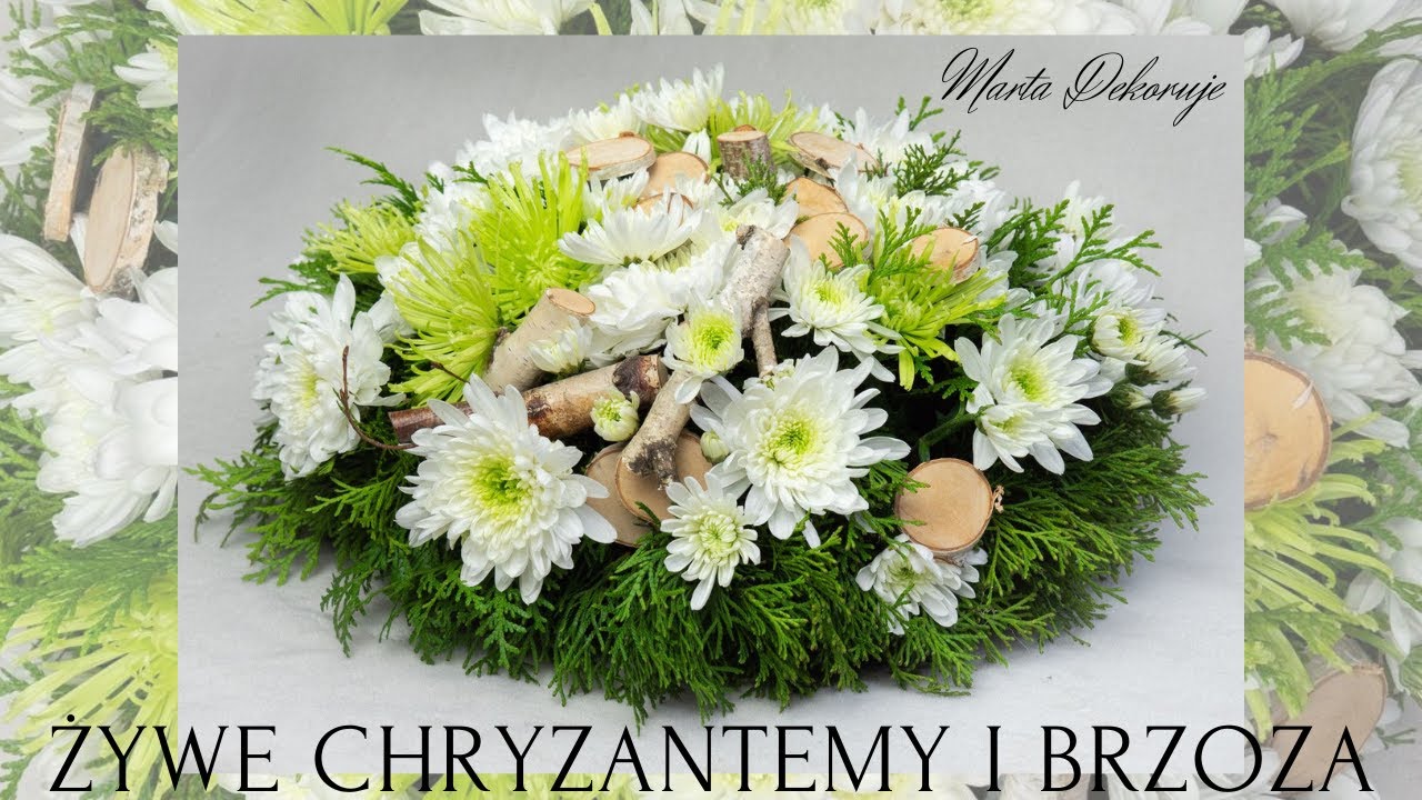 NATURALNA OKRĄGŁA KOMPOZYCJA Z CHRYZANTEM I BRZOZY NA WSZYSTKICH ŚWIĘTYCH