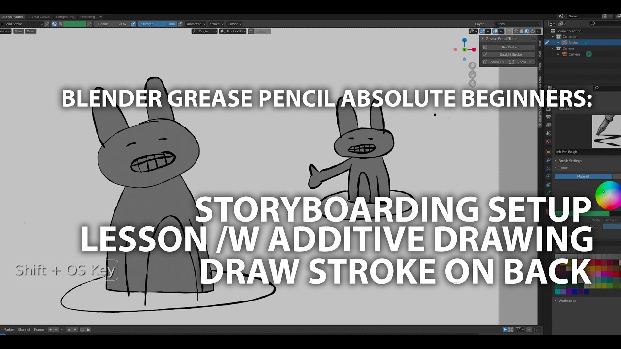 Blender Grease Pencil: Storyboard Setup with Additive Drawing and Draw on Strokes on Back Tools.