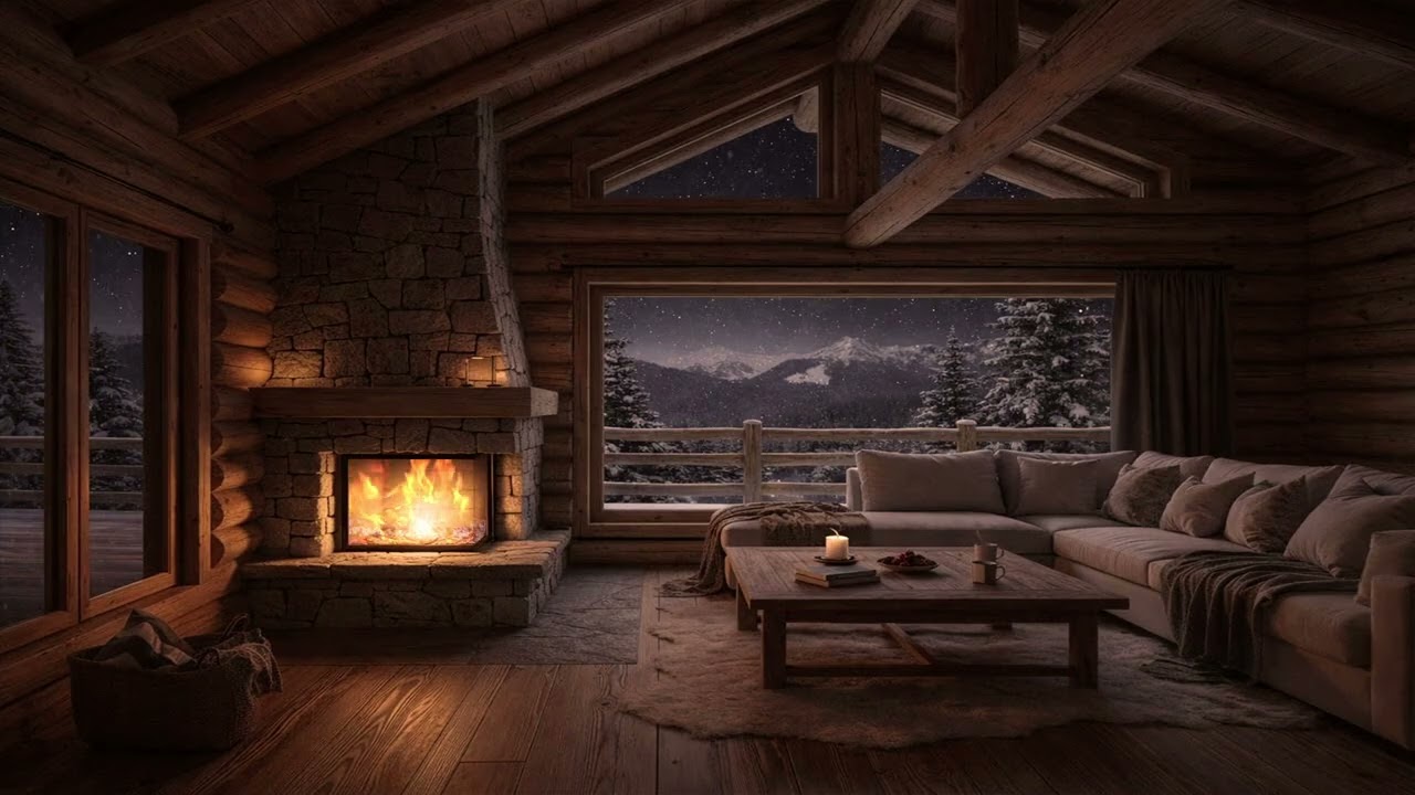 Silent Mountain Cabin Night | Fireplace Glow, Snowfall & Deep Relaxation