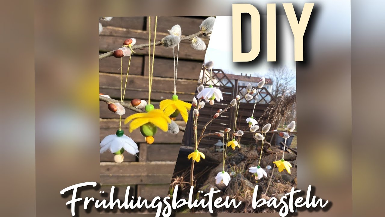 DIY Frühlingsblüten / Goldglöckchen aus Bastelfilz und Perlen basteln Schneeglöckchen Osterglocken