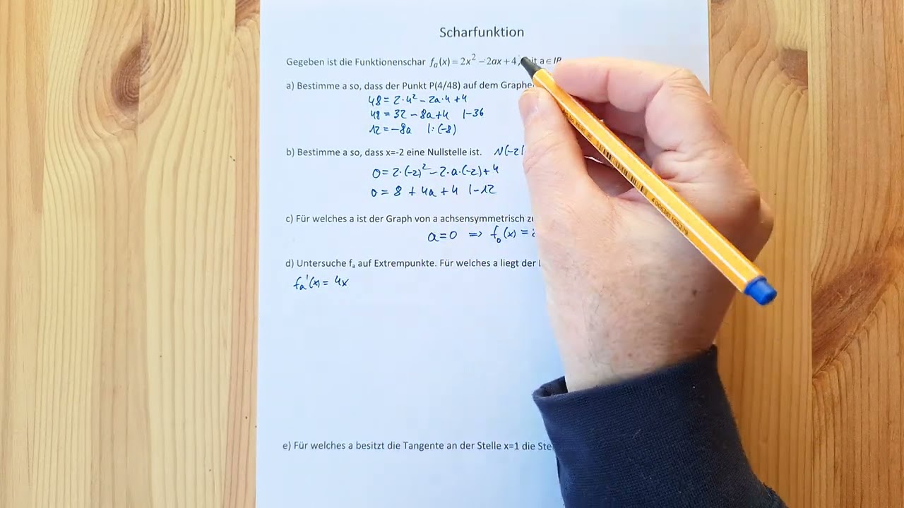 Scharfunktion (Parabel, a bestimmen: Nullstelle, Extrempunkt auf der x-Achse, Tangente)