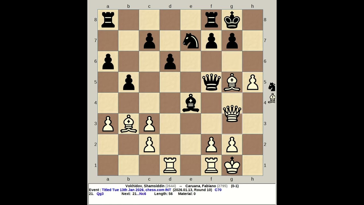 Vokhidov, Shamsiddin vs Caruana, Fabiano | Titled Tuesday 13th January 2026, chess com INT