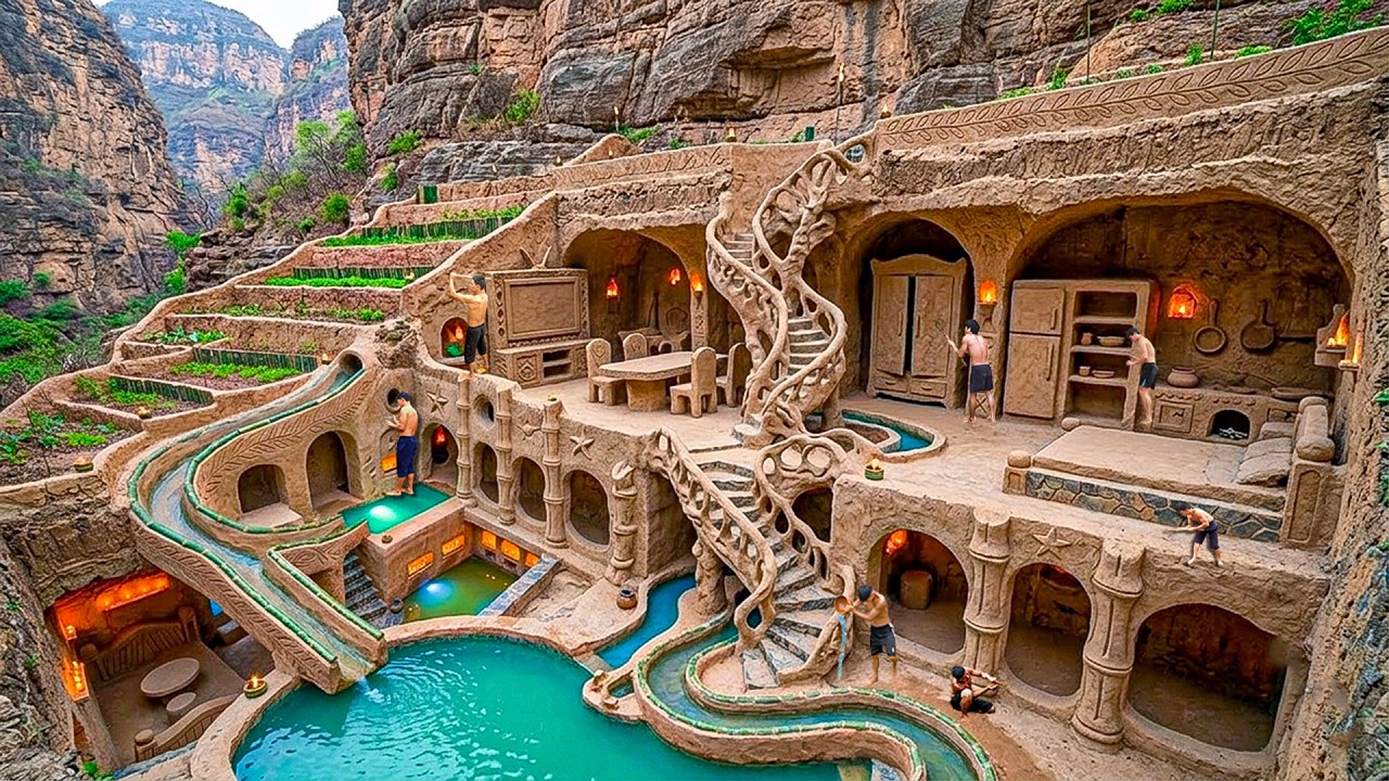 190 Days Building 2-Story Underground Clay Cave Mansion with Indoor Pools Using Primitive Tools