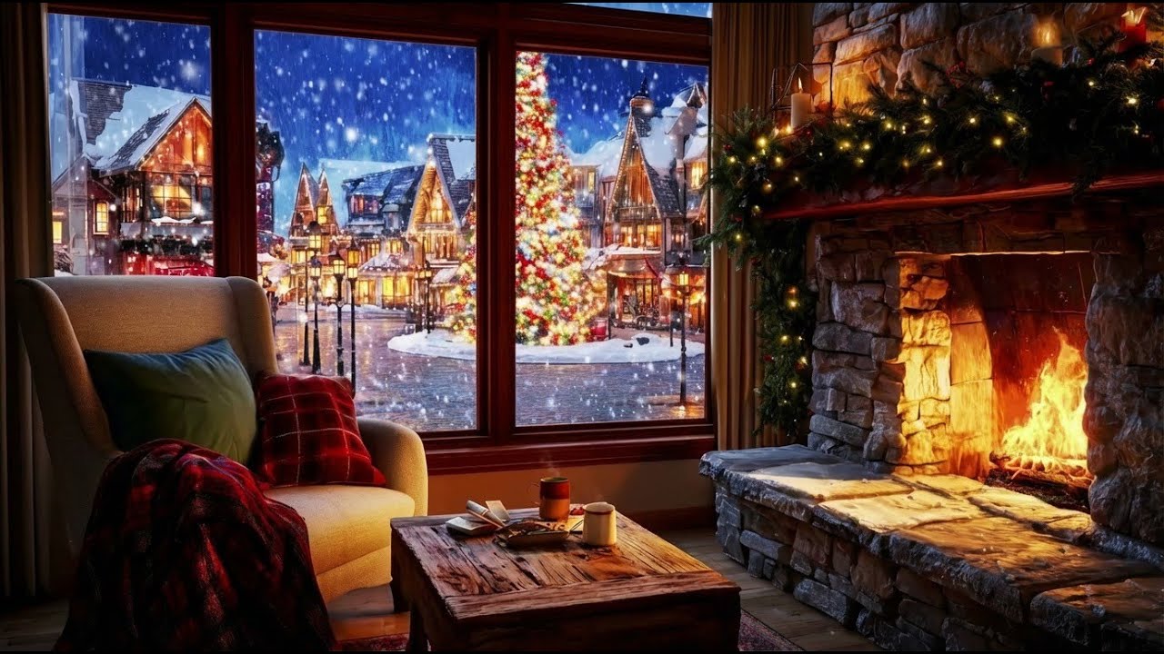 Cozy Winter Fireplace | Snowy Village View & Crackling Fire | Winter Cabin Ambience 4K