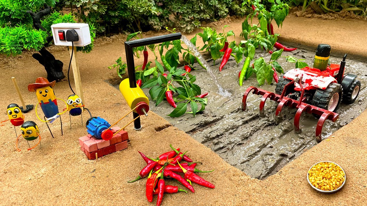 Mini DIY Tractor Ploughing Chili Farm 🌶️ | Water Pump Irrigation with Mini Farming Machines
