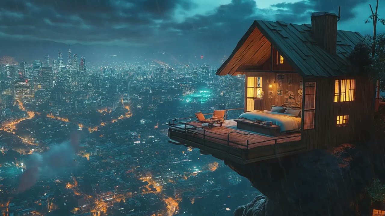 Neon Dreams | Rainy Cabin Nights Over a Futuristic Cityscape