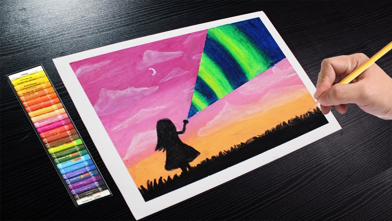 oil pastel drawing a girl with torchlight