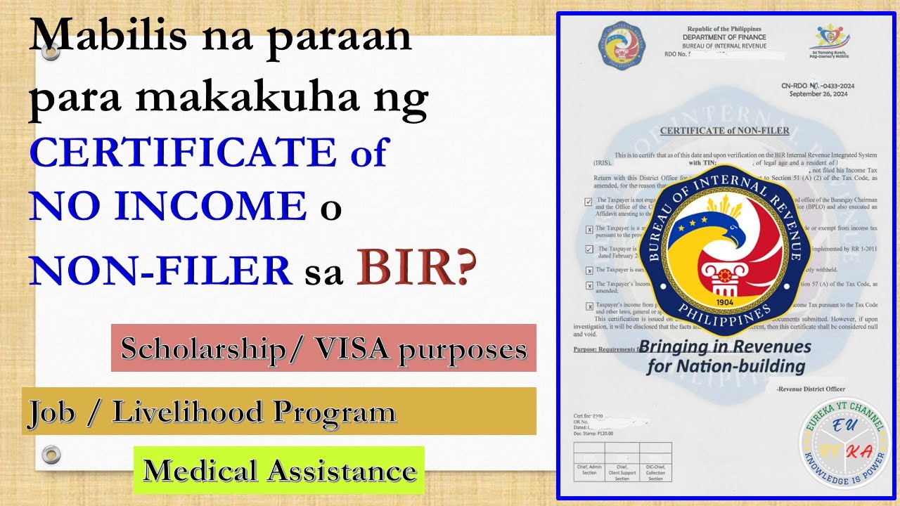 Paano kumuha ng  BIR CERTIFICATE of NON-FILER of ITR/ NO INCOME/ LOW INCOME: Step and complete guide
