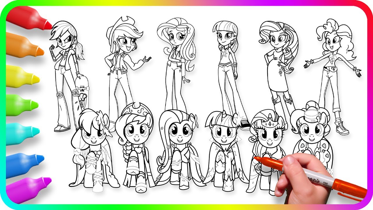 Coloring Pages EQUESTRIA GIRLS vs MY LITTLE PONY - Mane Six. How to draw My Little Pony. Easy Color