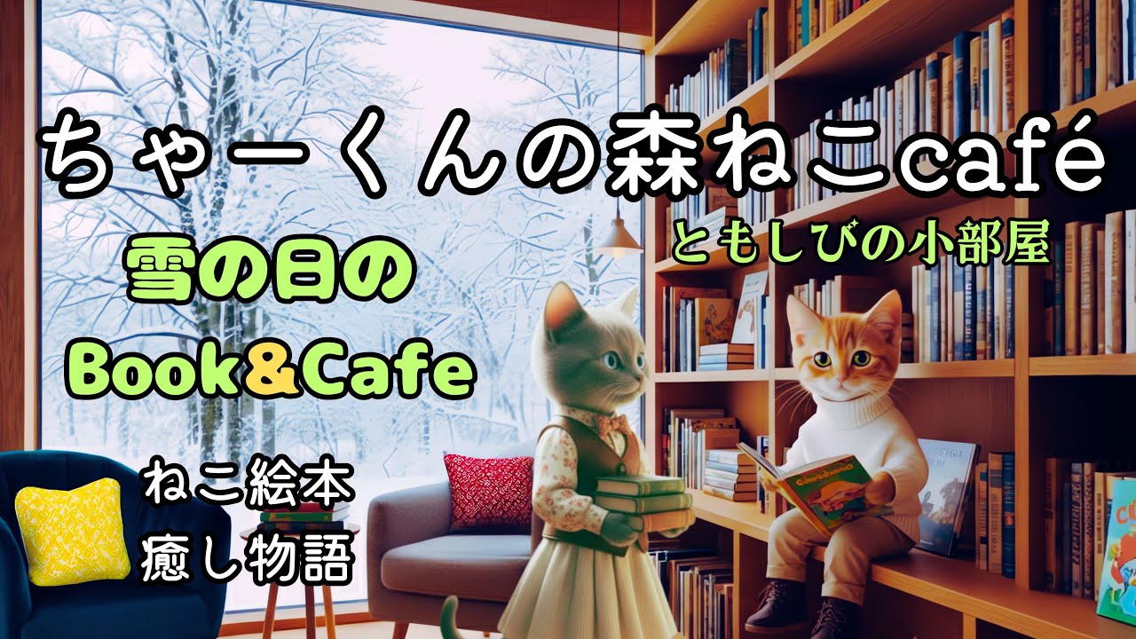 【猫の物語】ちゃーくんの森ねこcafe｜雪の日のBook & Cafe ― ともしびの小部屋 ―｜孤独の中にある“あたたかさ”｜癒しの猫ストーリー